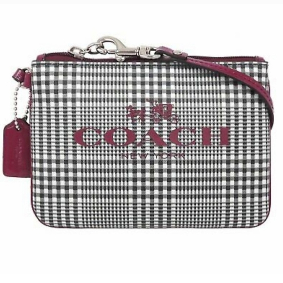 Coach Peyton Burgundy Black White Glen Plaid Coated Canvas Wristlet - Picture 11 of 14